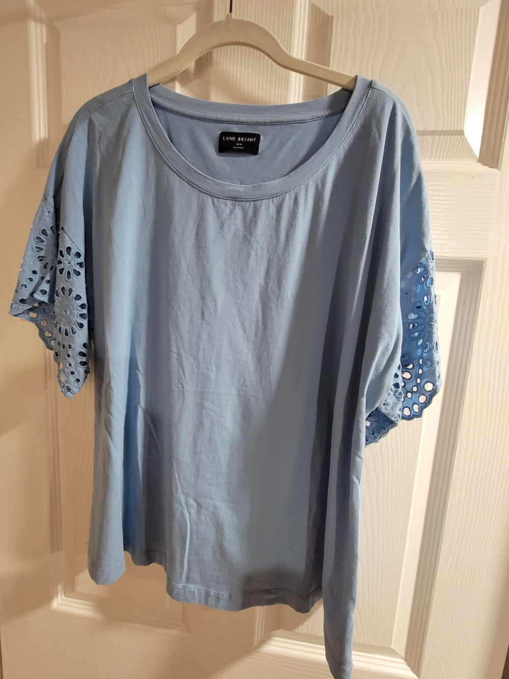Light blue short-sleeve top is size 14/16 from Lane Bryant.